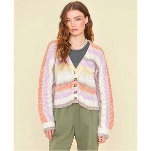 XiRENA Laramie Sweater - Cream Yellow Purple Striped Loose Knit Light Cardigan